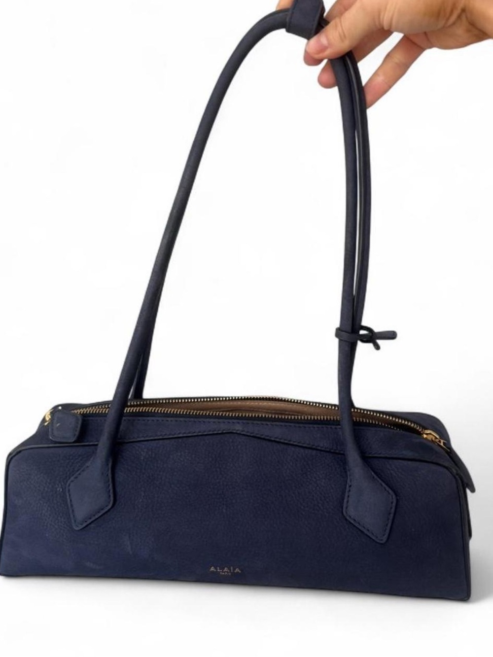 Alaïa Navy Leather Shoulder Bag with Gold Zip